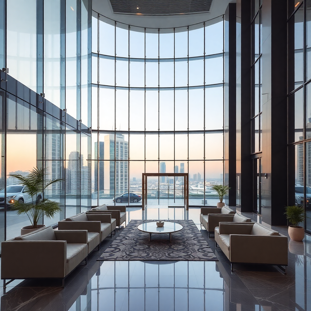 modern corporate office lobby Dubai high-tech glass