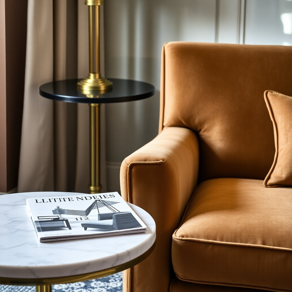 Close-up of a luxurious hotel room detail, perhaps a plush velvet armchair next to a marble side table with a design magazine. Soft, natural light.