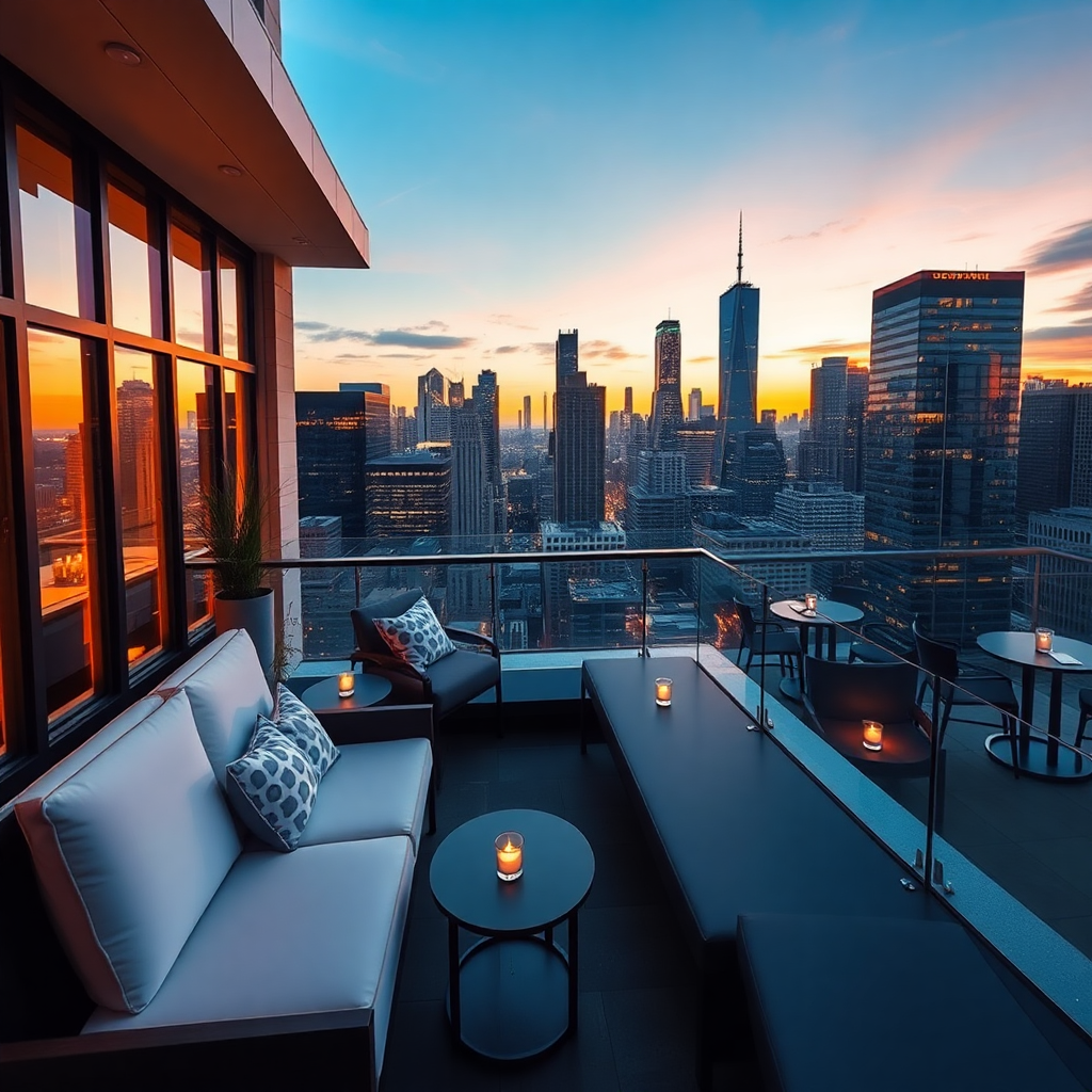 modern luxury city hotel with panoramic skyline views, contemporary rooftop terrace, urban elegance, golden hour lighting