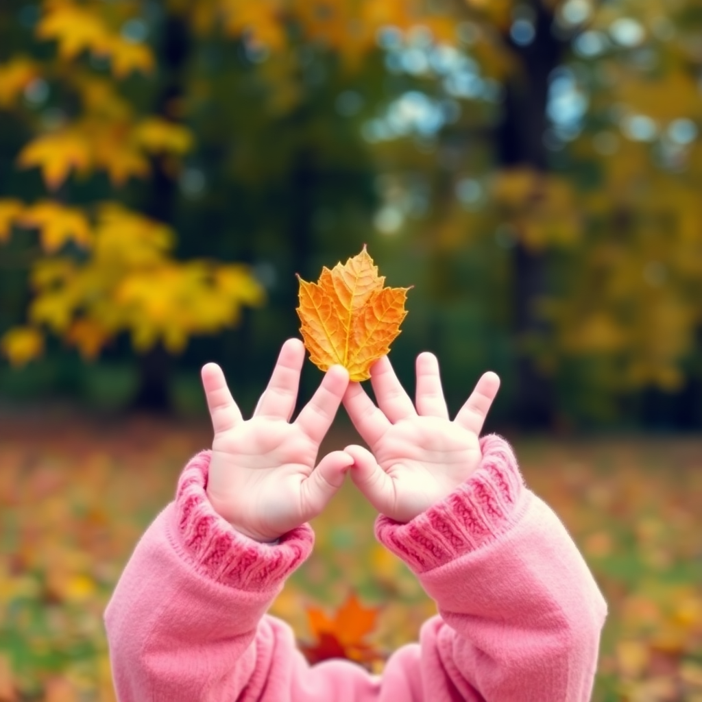 baby hands reaching up to autumn leaves, outdoor photography