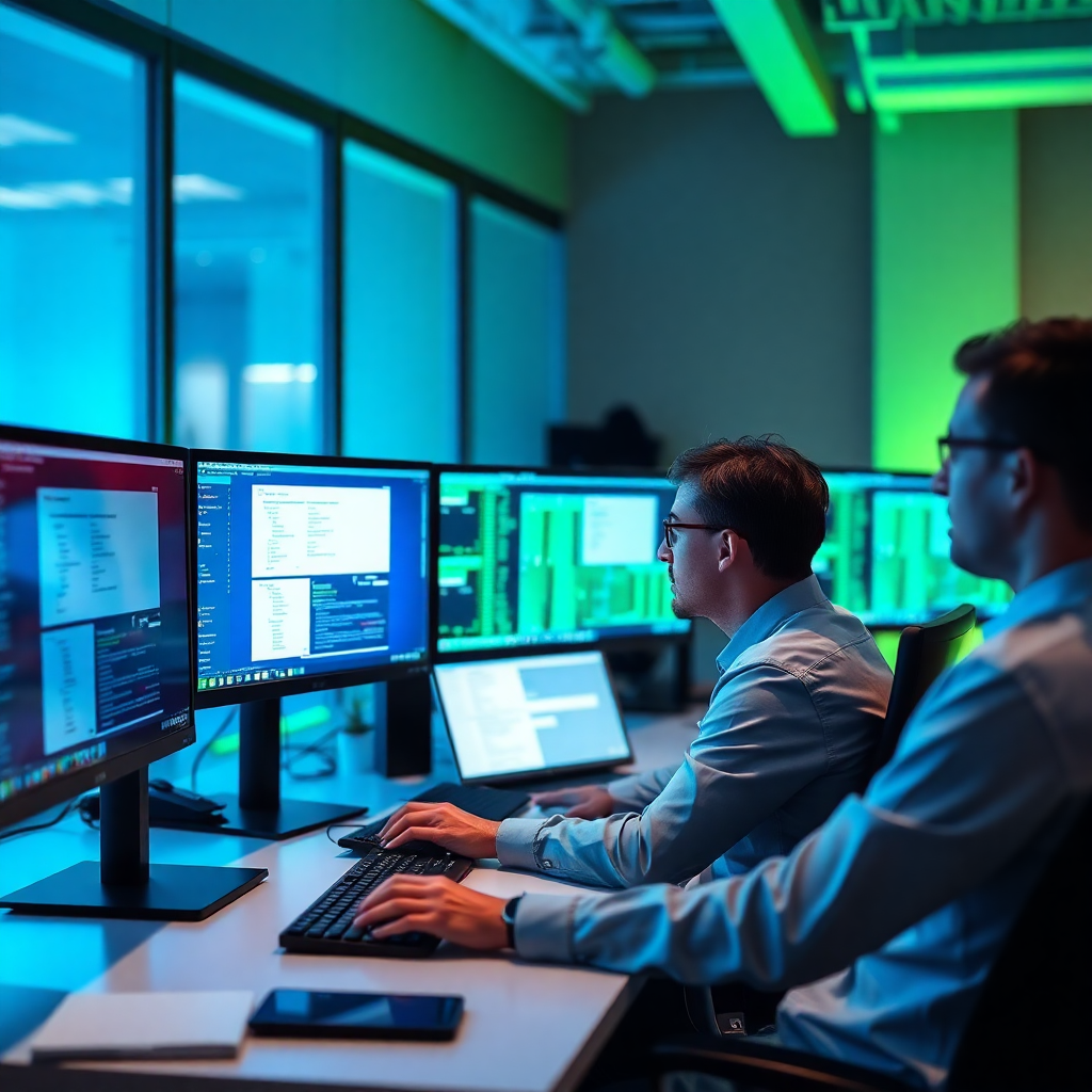 professional IT team working on multiple monitors, modern office setup, technology consulting, blue and green lighting