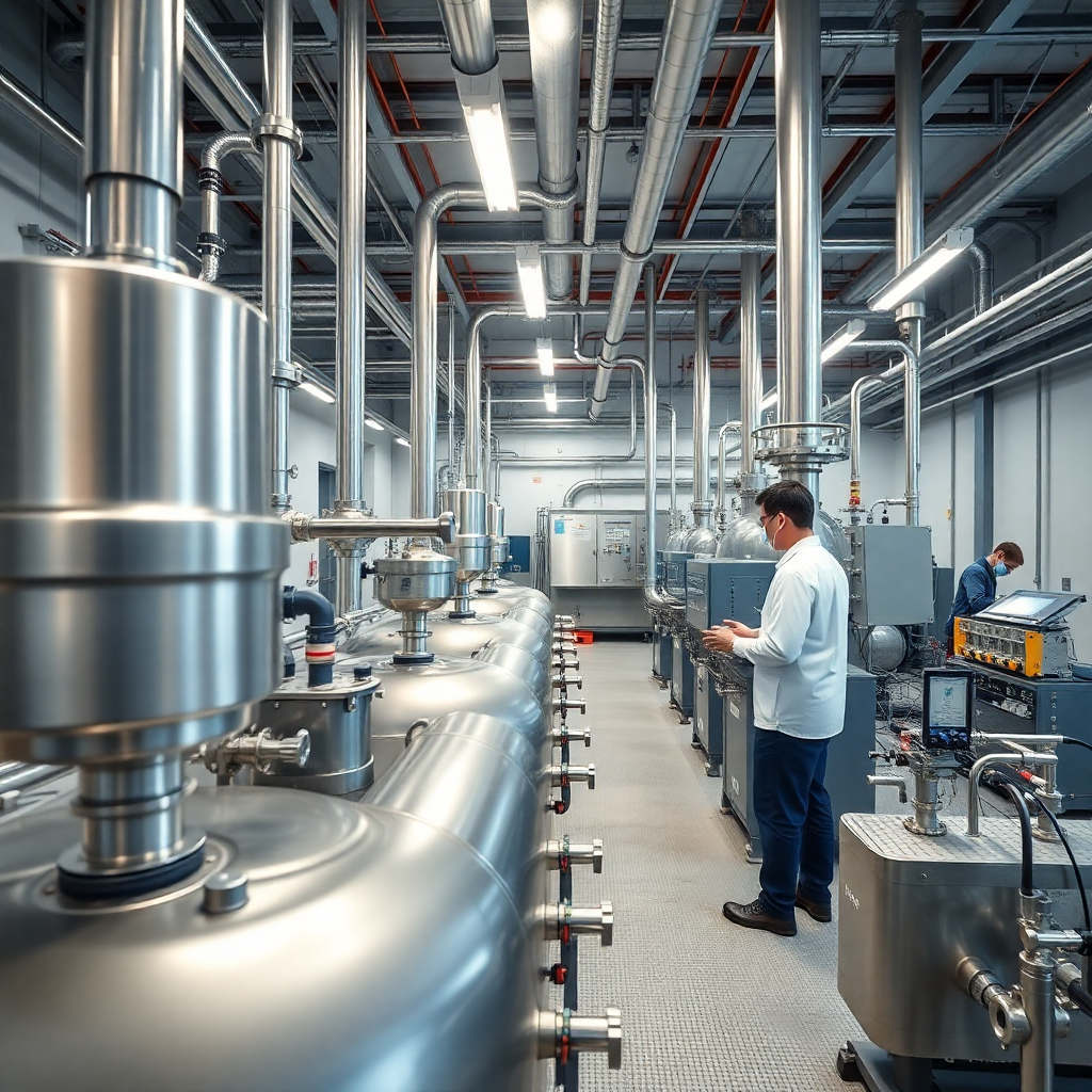 modern industrial chemical reactor laboratory with engineers working on high-pressure systems and advanced equipment, industrial photography style