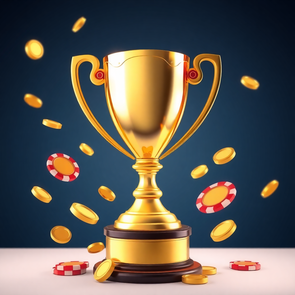 tournament trophy with casino chips and prize drops golden coins falling