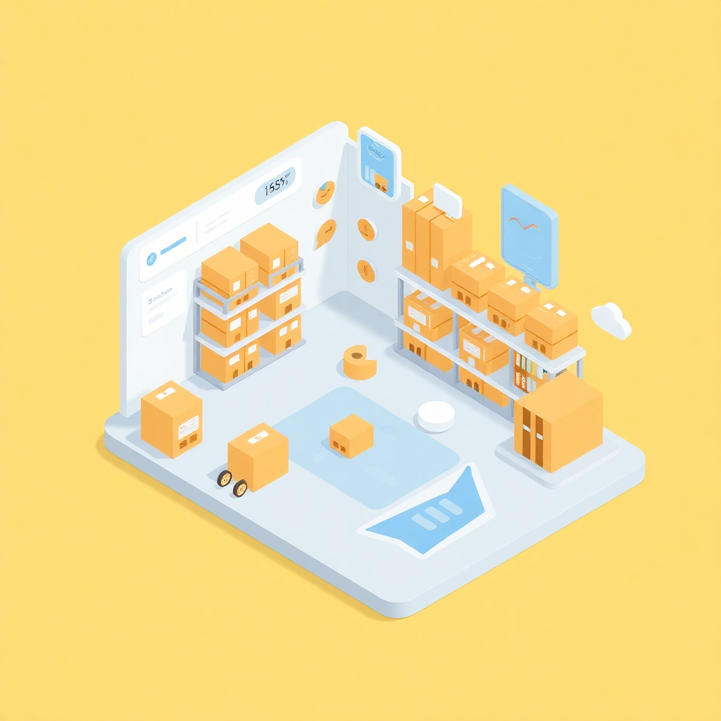 minimal isometric illustration of inventory management system with floating devices and data visualization
