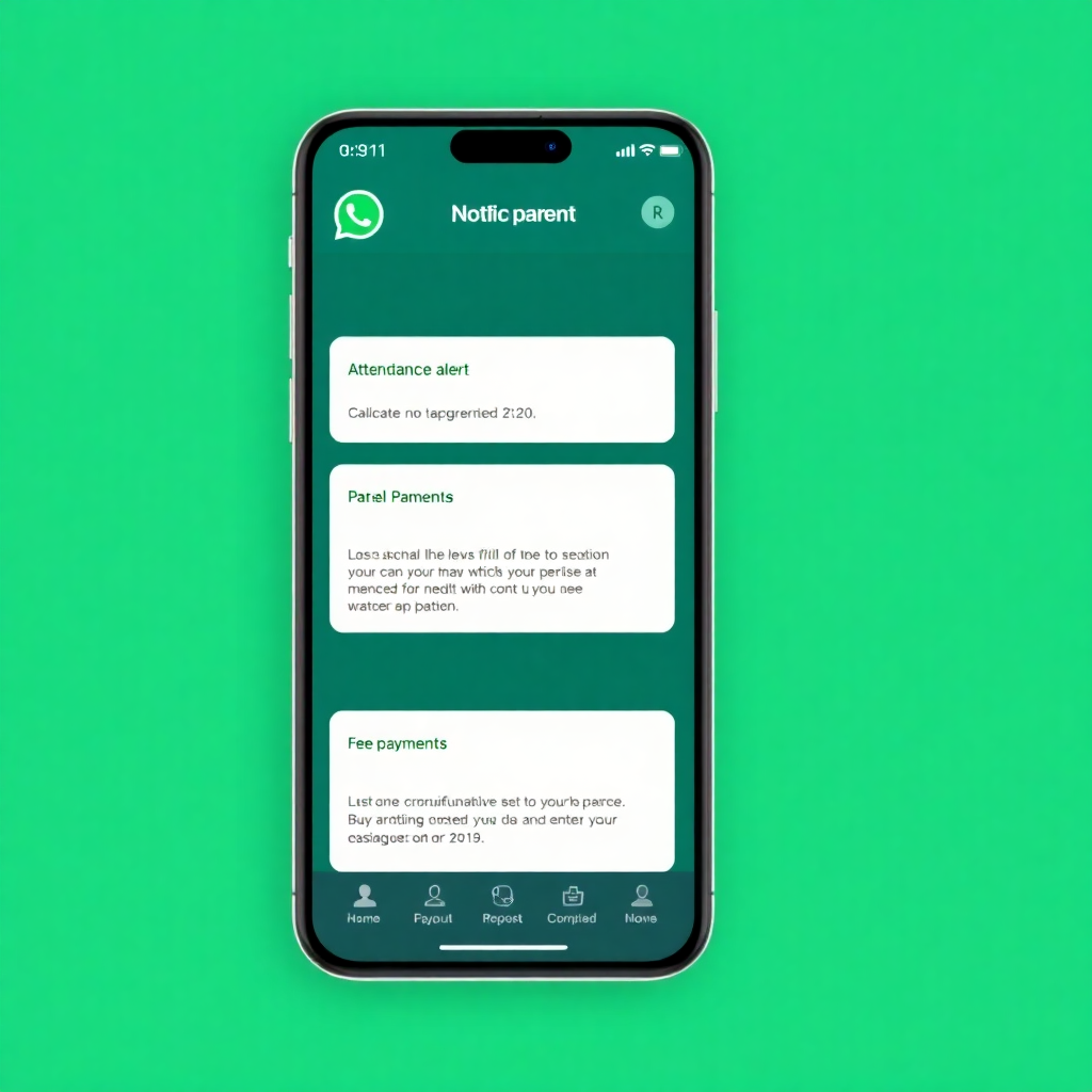 parent communication app interface showing WhatsApp notifications, attendance alerts, fee payment reminders, mobile-friendly design