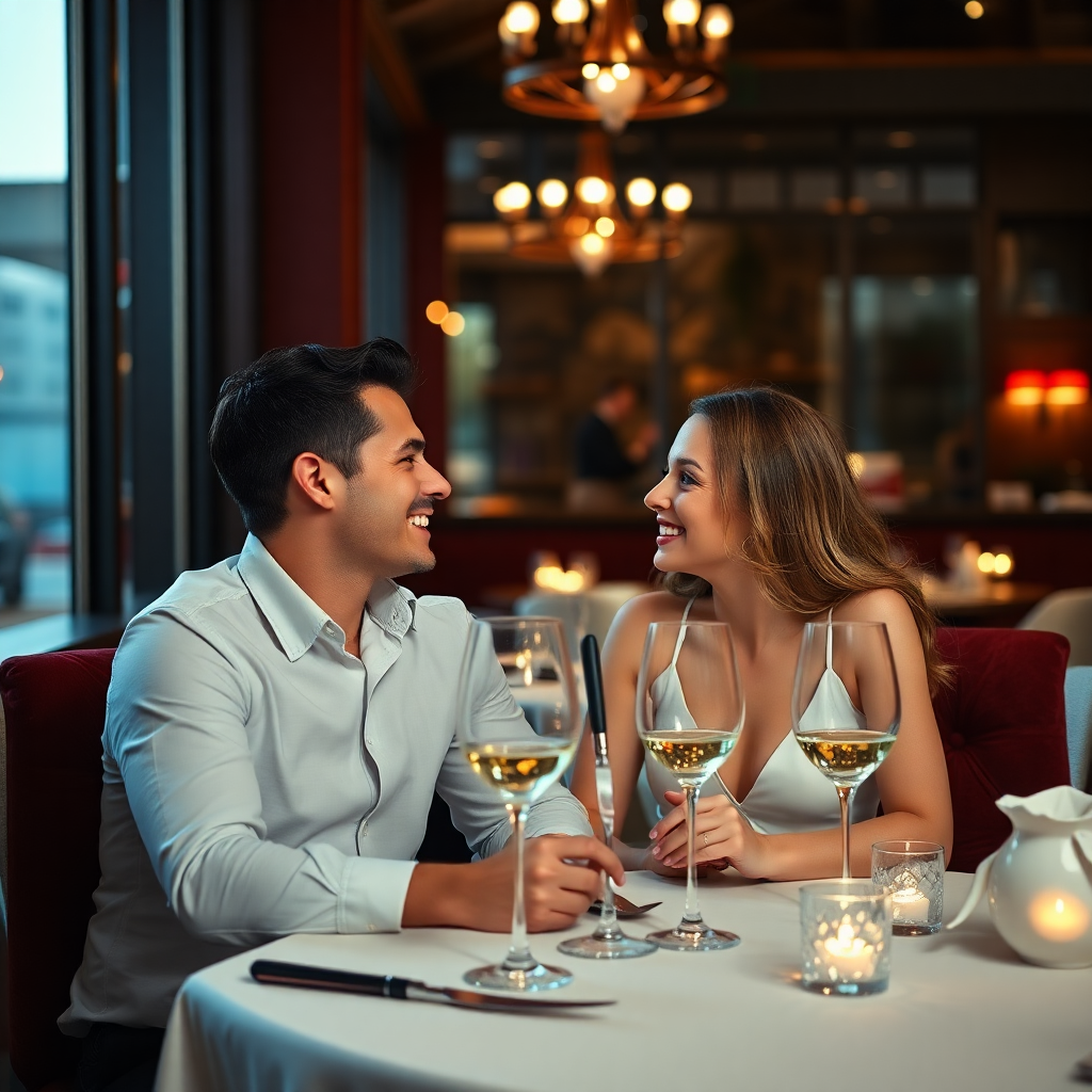 happy couple dining in upscale restaurant, romantic dinner setting