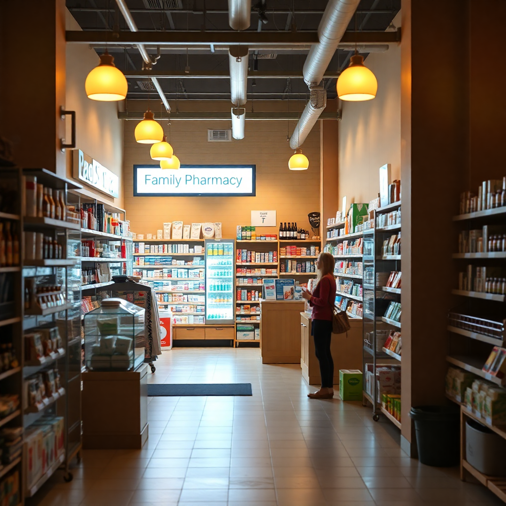 family pharmacy store with warm lighting, welcoming atmosphere