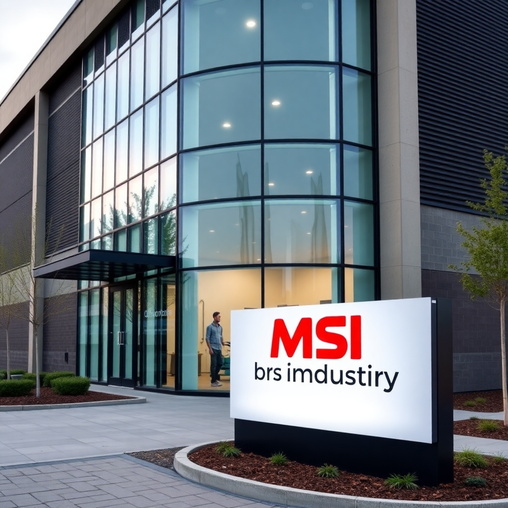 modern industrial building with glass facade and MSI Industry signage at entrance