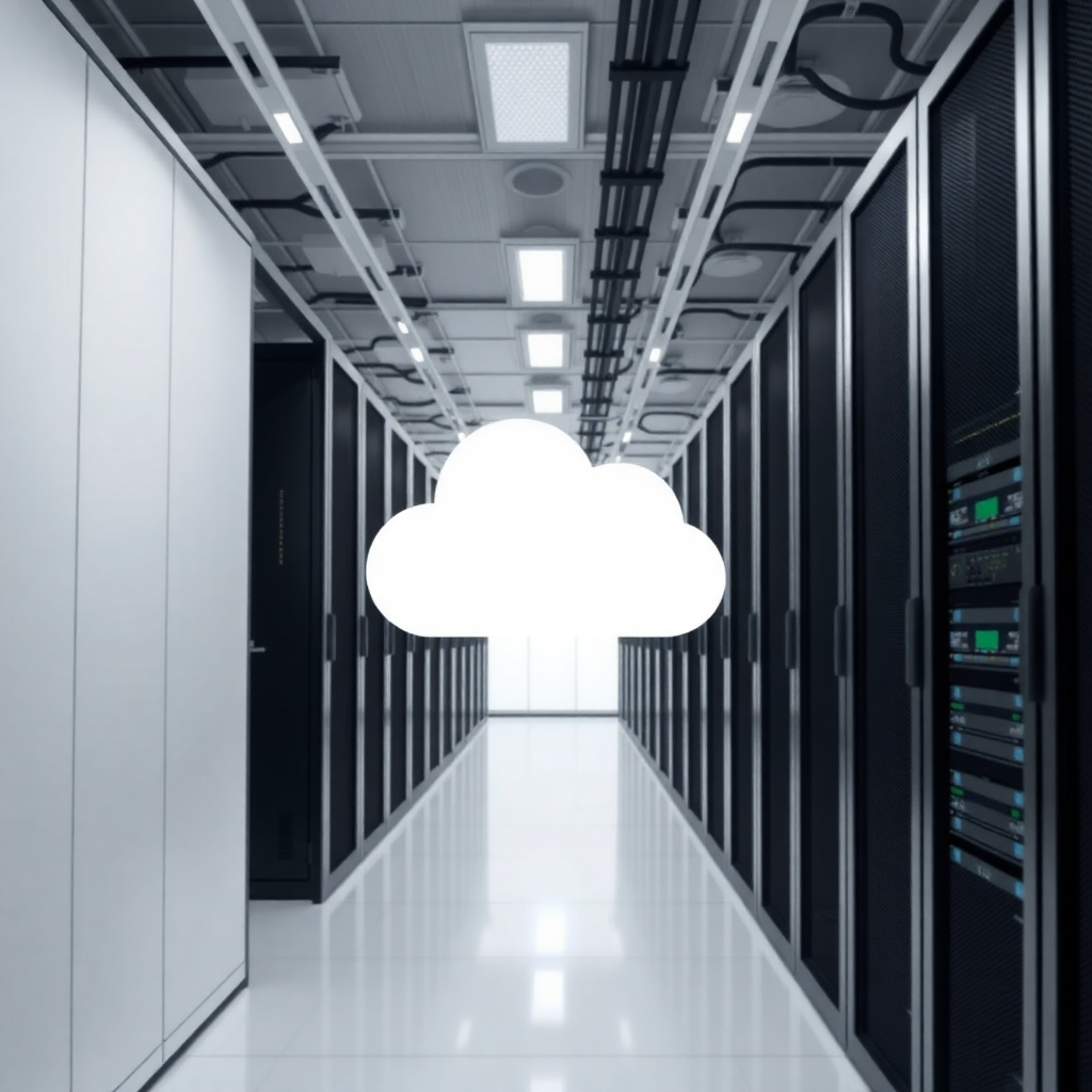 Modern tech infrastructure with servers, cloud computing, and network connections in a sleek data center