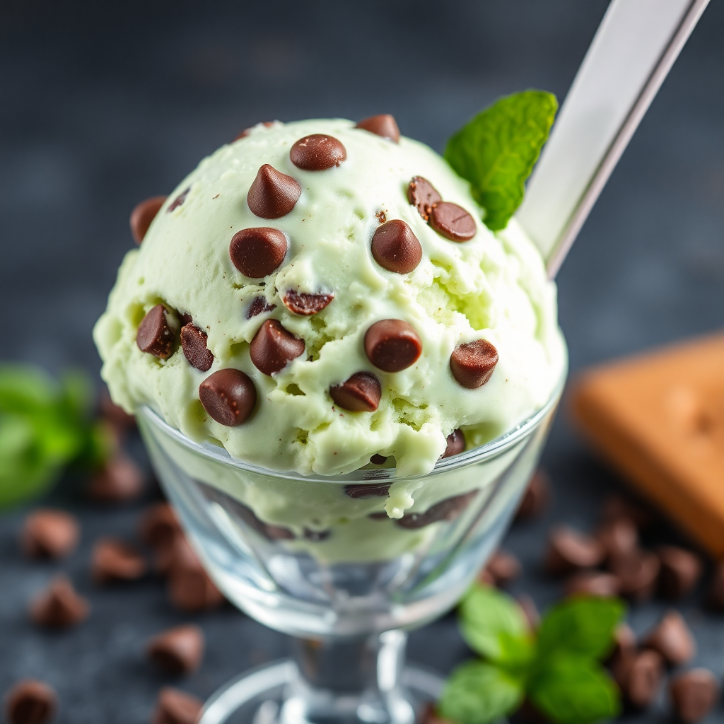 scoop of mint chocolate chip ice cream with green tint