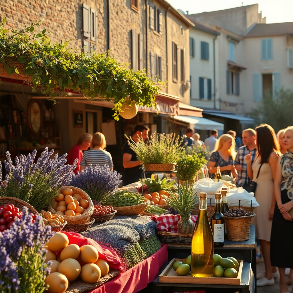 Provencal lifestyle scene with market, local produce, lavender, olive oil, golden light, people enjoying Mediterranean lifestyle, photographic style