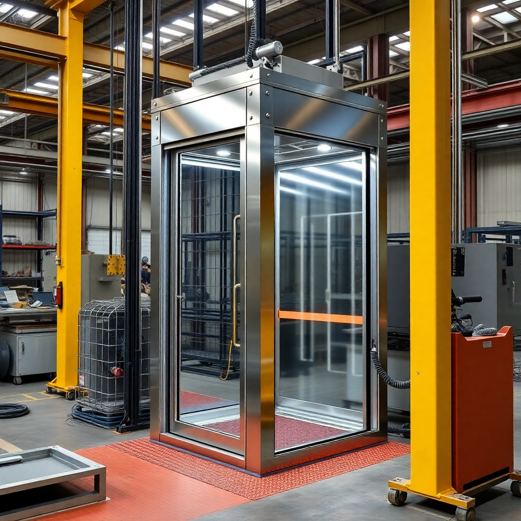 elevator cabin manufacturing in factory, precision metalwork, quality control inspection, industrial setting