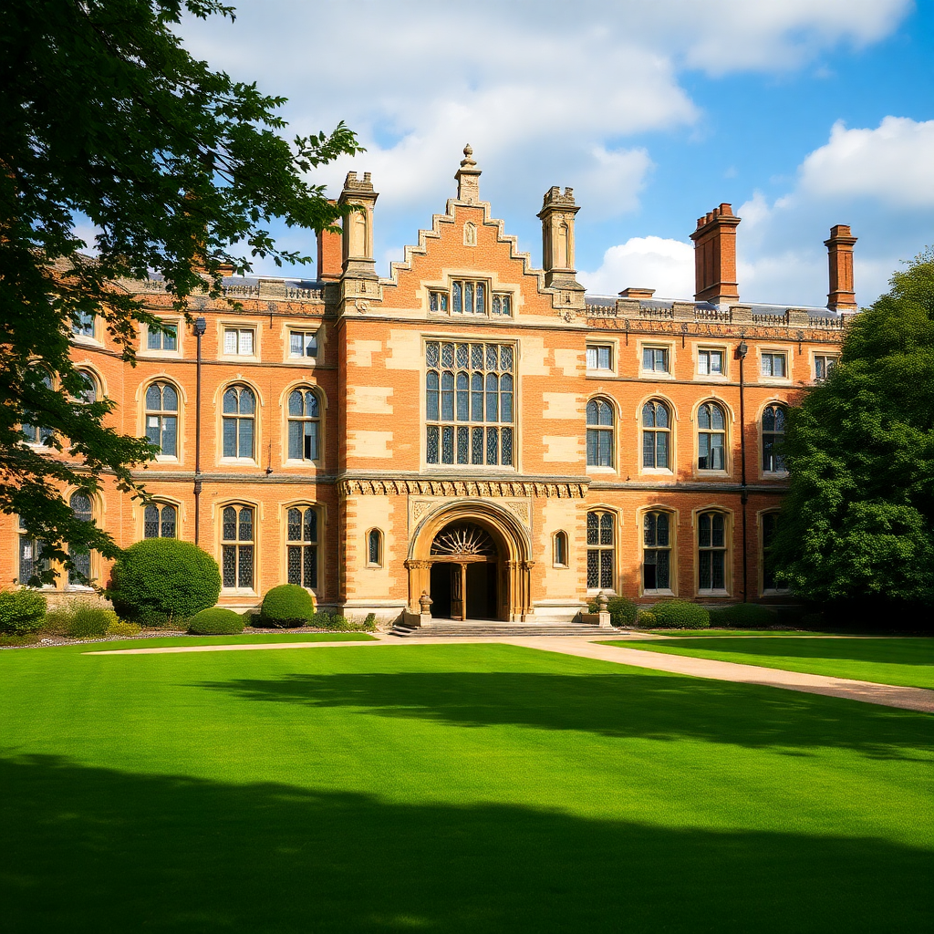 Historic cambridge university campus building and lawn