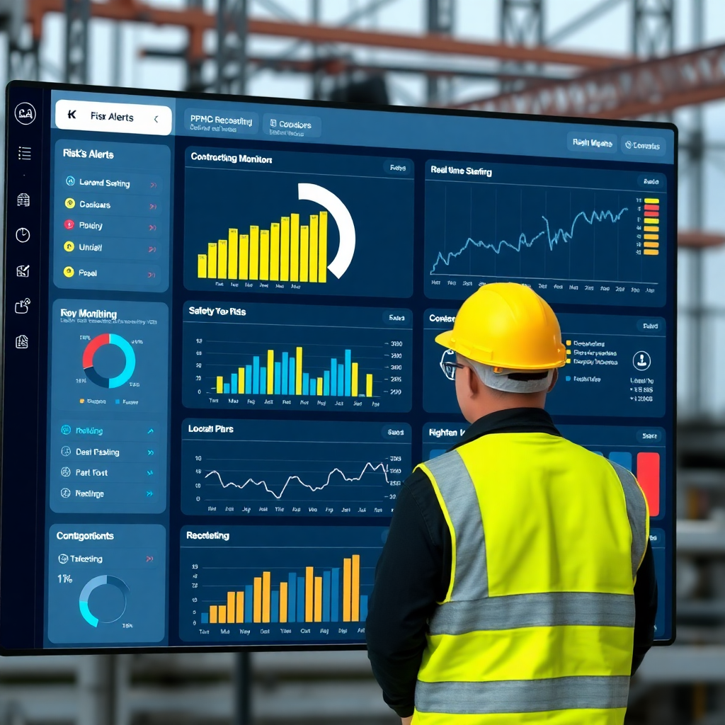 construction safety dashboard with risk alerts, warning notifications, real-time monitoring charts and KPI metrics