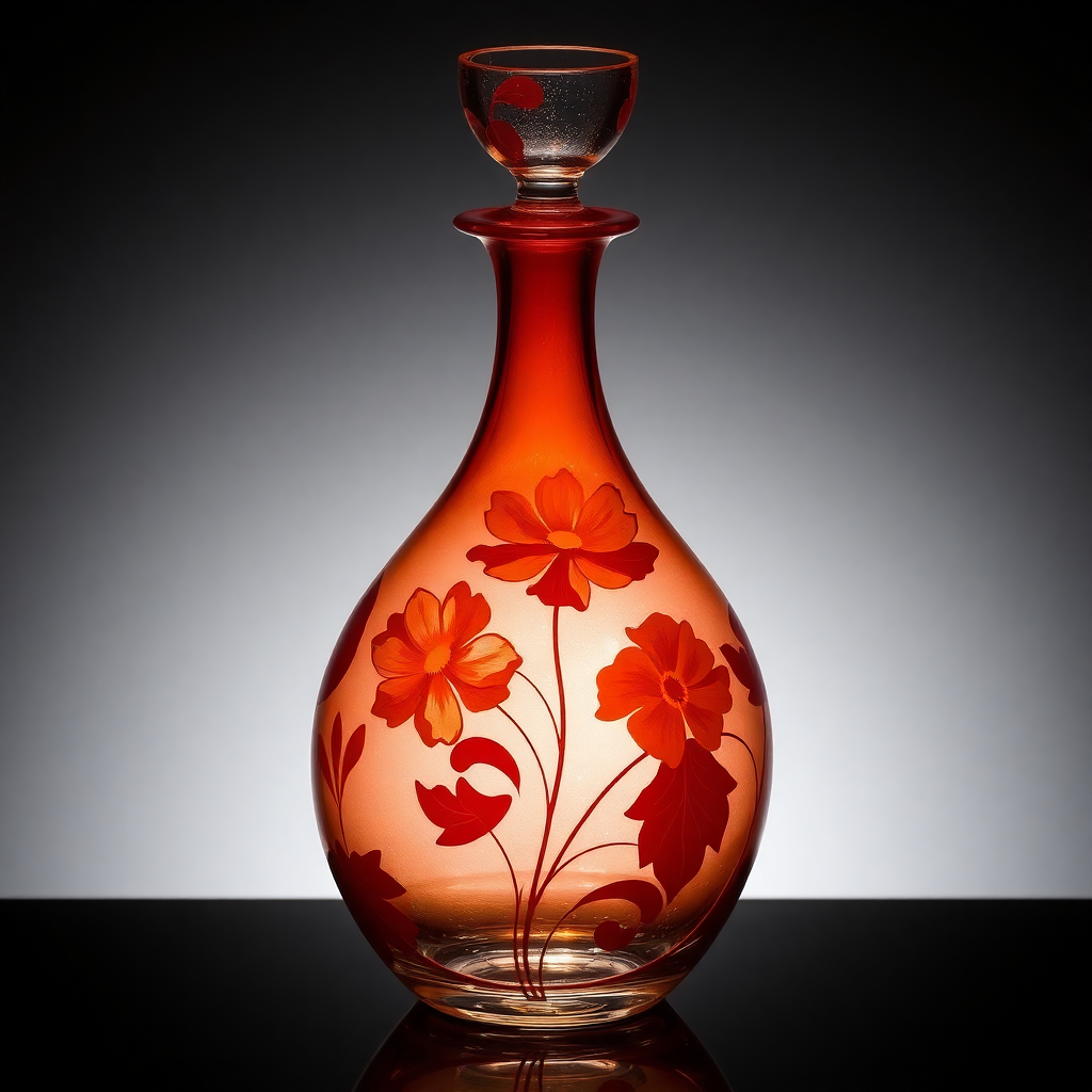 Artisan blown glass decanter with terracotta floral hand-painted design and gold vitrail accents