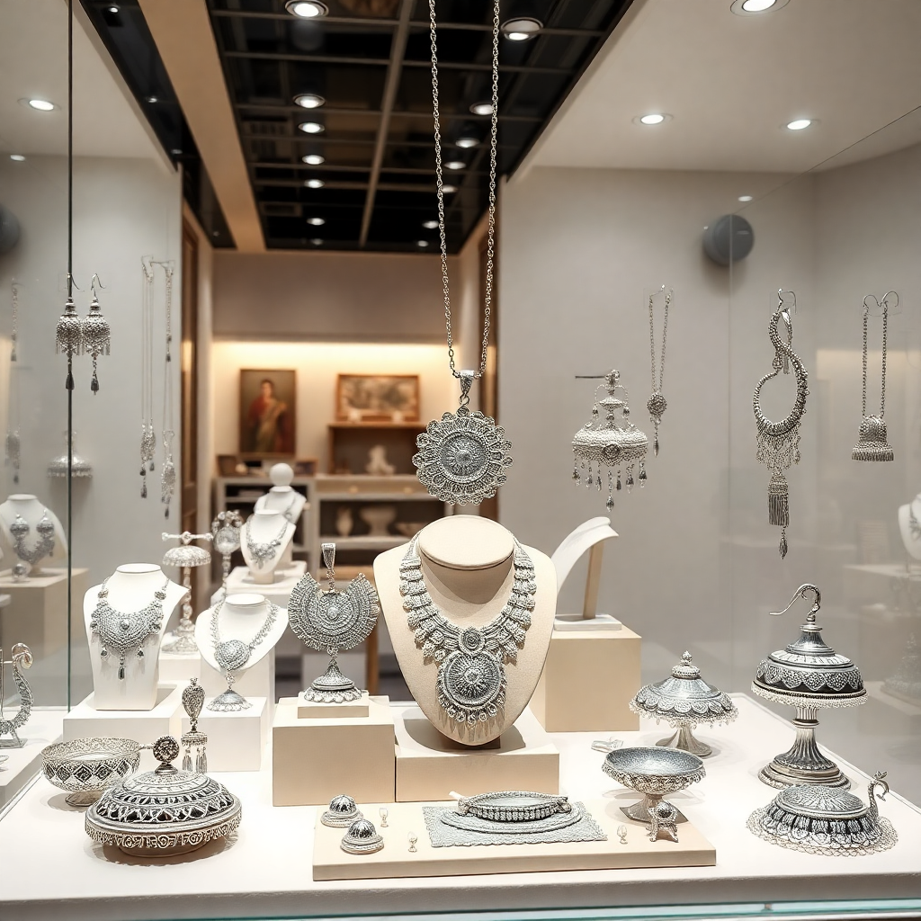 elegant silver jewelry exhibition display with intricate silver ornaments, necklaces, and traditional Indian silver artifacts, luxury showcase, professional photography