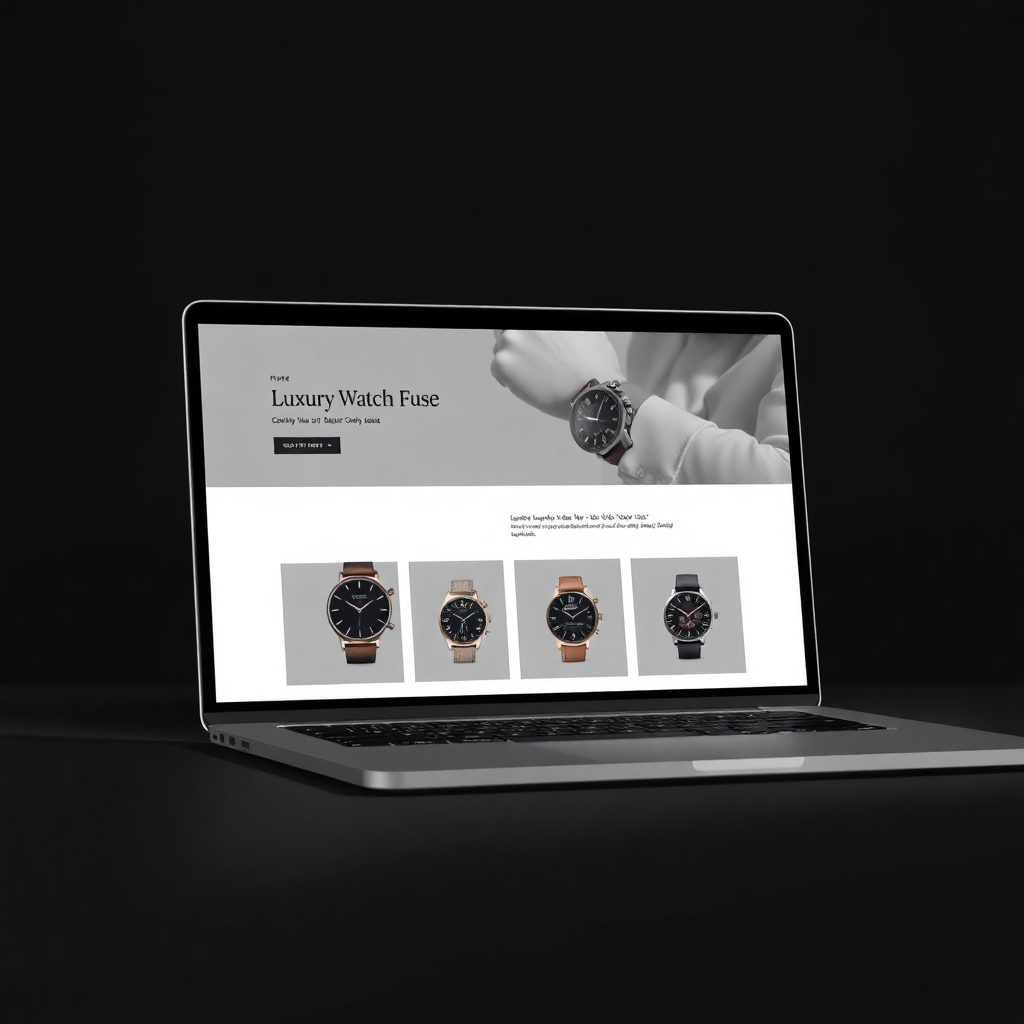 minimalist ecommerce website design for luxury watch brand on laptop screen, dark mode, elegant typography