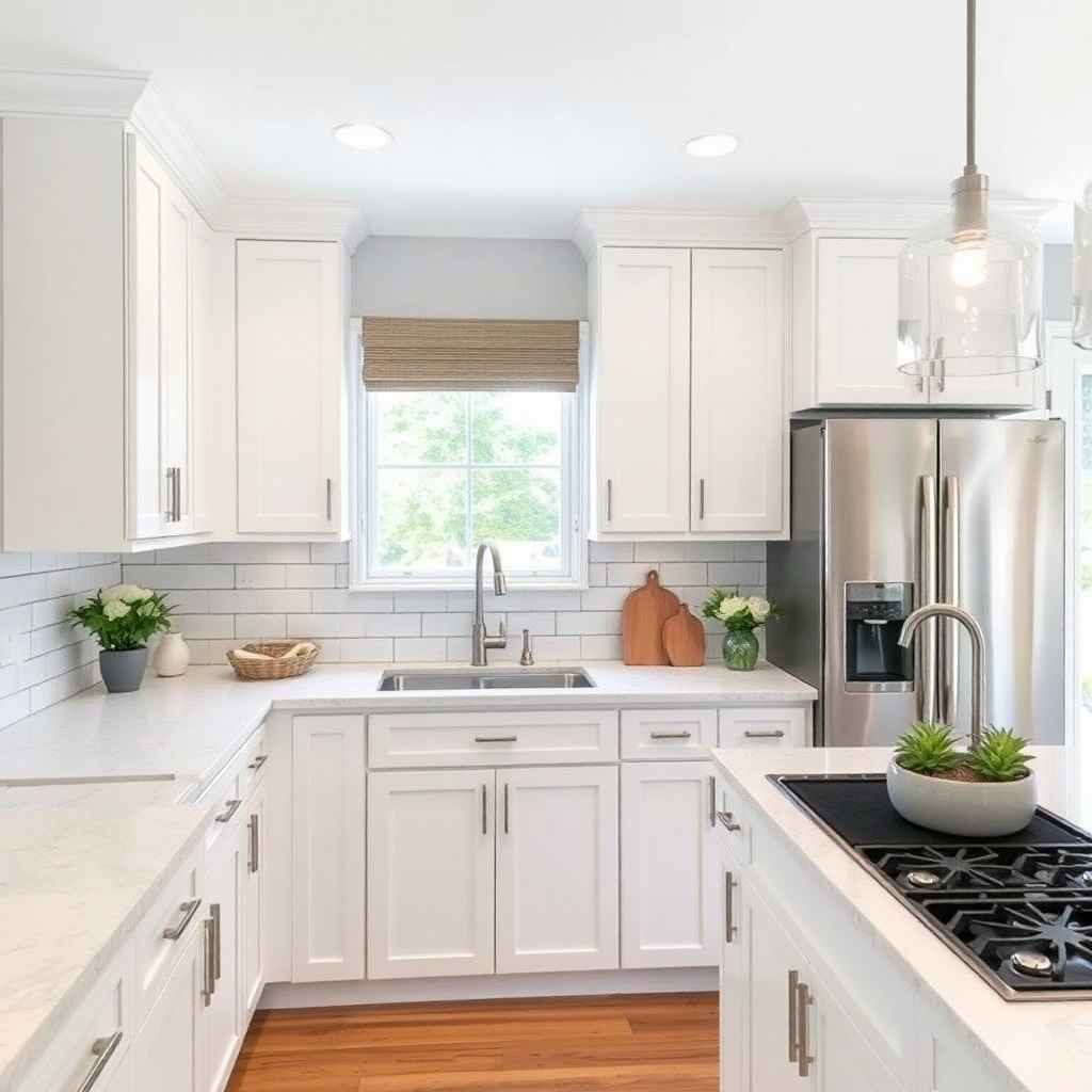 modern kitchen remodel with white cabinets, quartz countertops, and subway tile backsplash