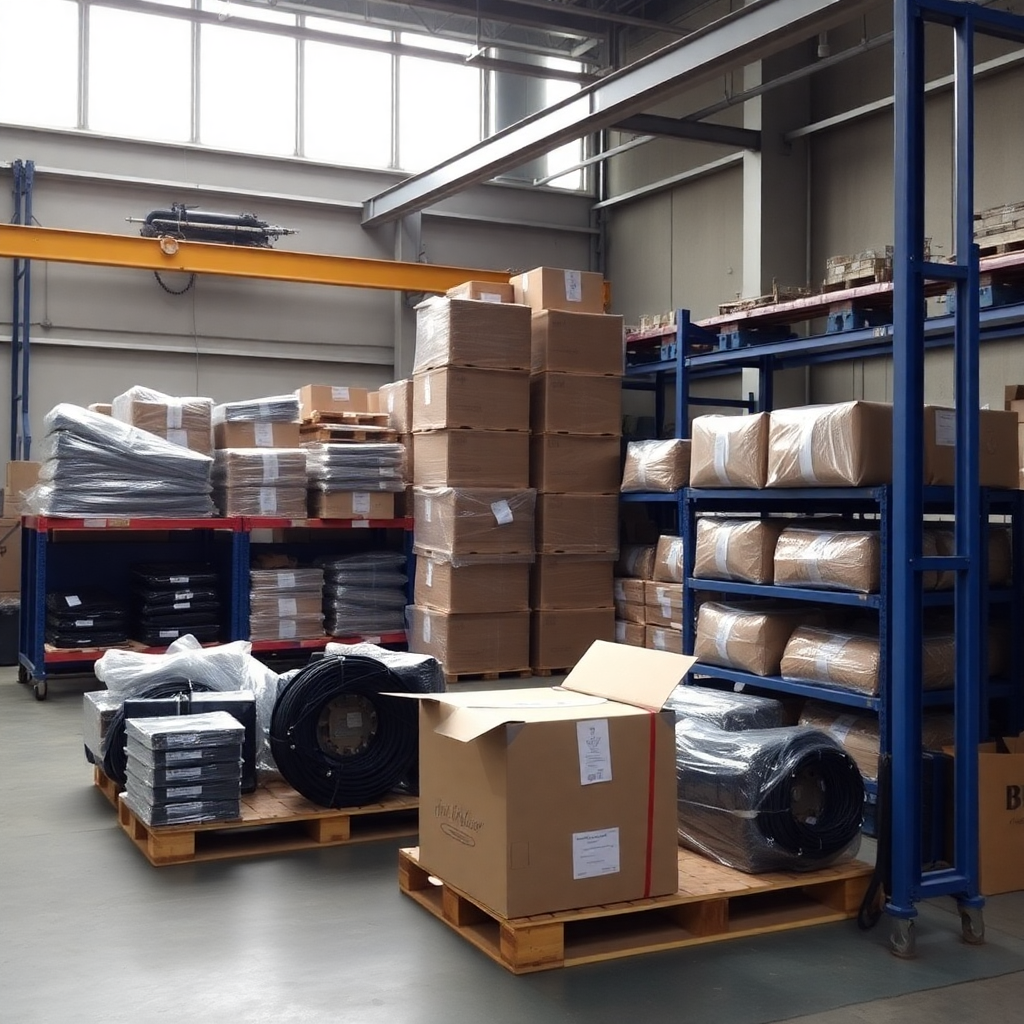 shipping and packaging area with finished wiring harness products ready for delivery