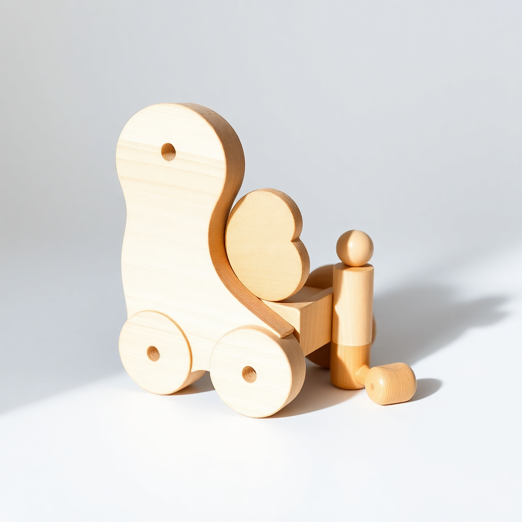 Wooden baby toys, minimalist product shot on white background
