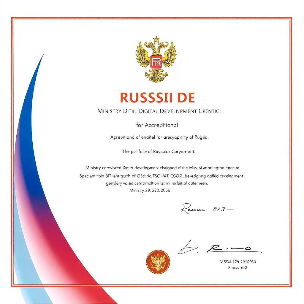 Ministry of Digital Development Russia accreditation certificate, IT company registry document, official government certification, Russian flag colors