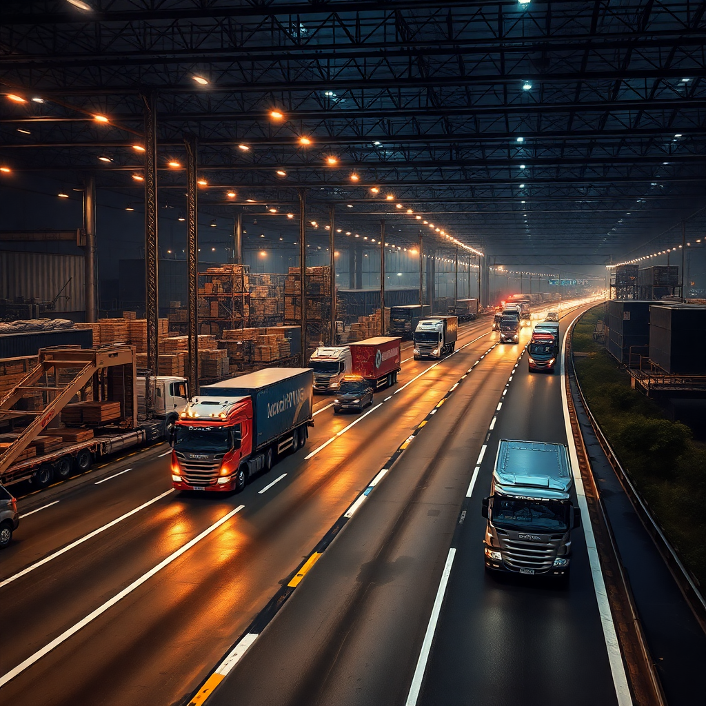 industrial highway with trucks and logistics warehouse, dark industrial atmosphere, cargo transportation