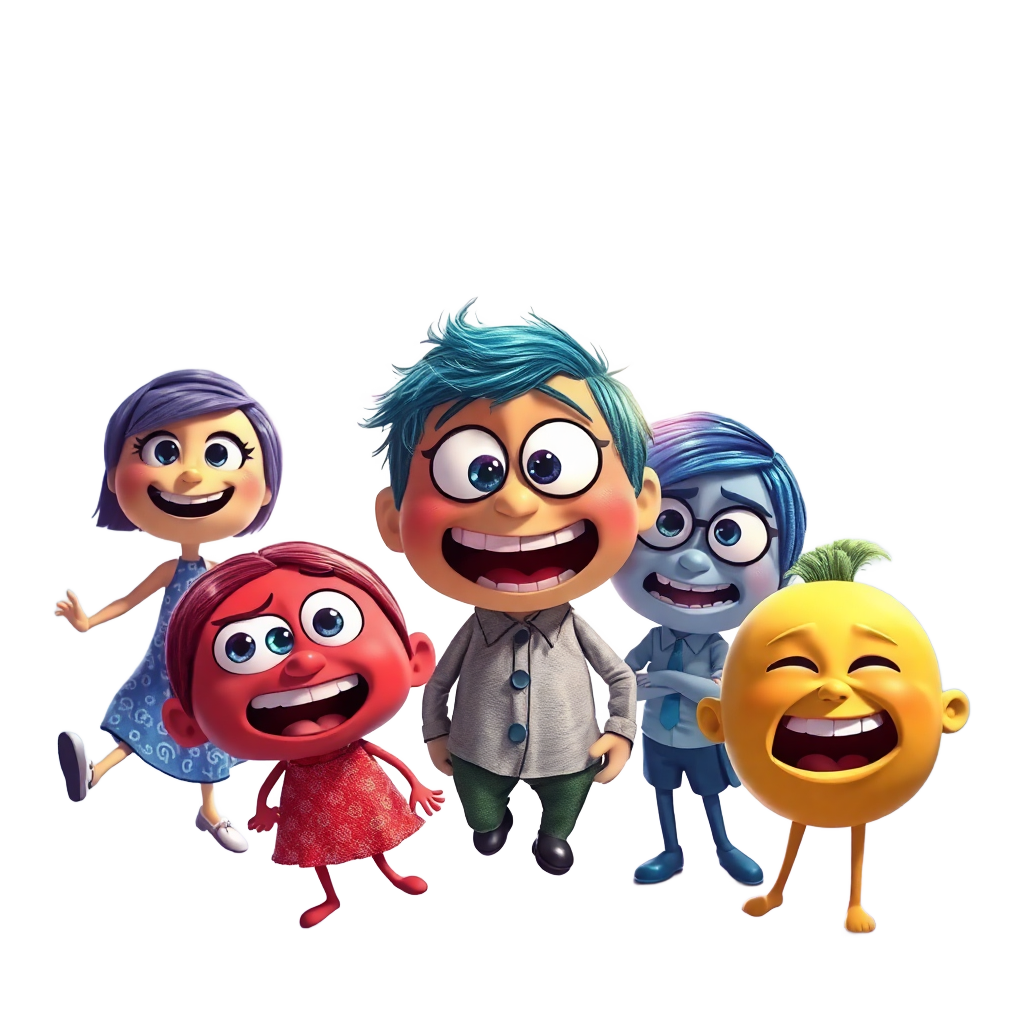Inside Out characters Joy Sadness Anger Fear Disgust floating around colorful