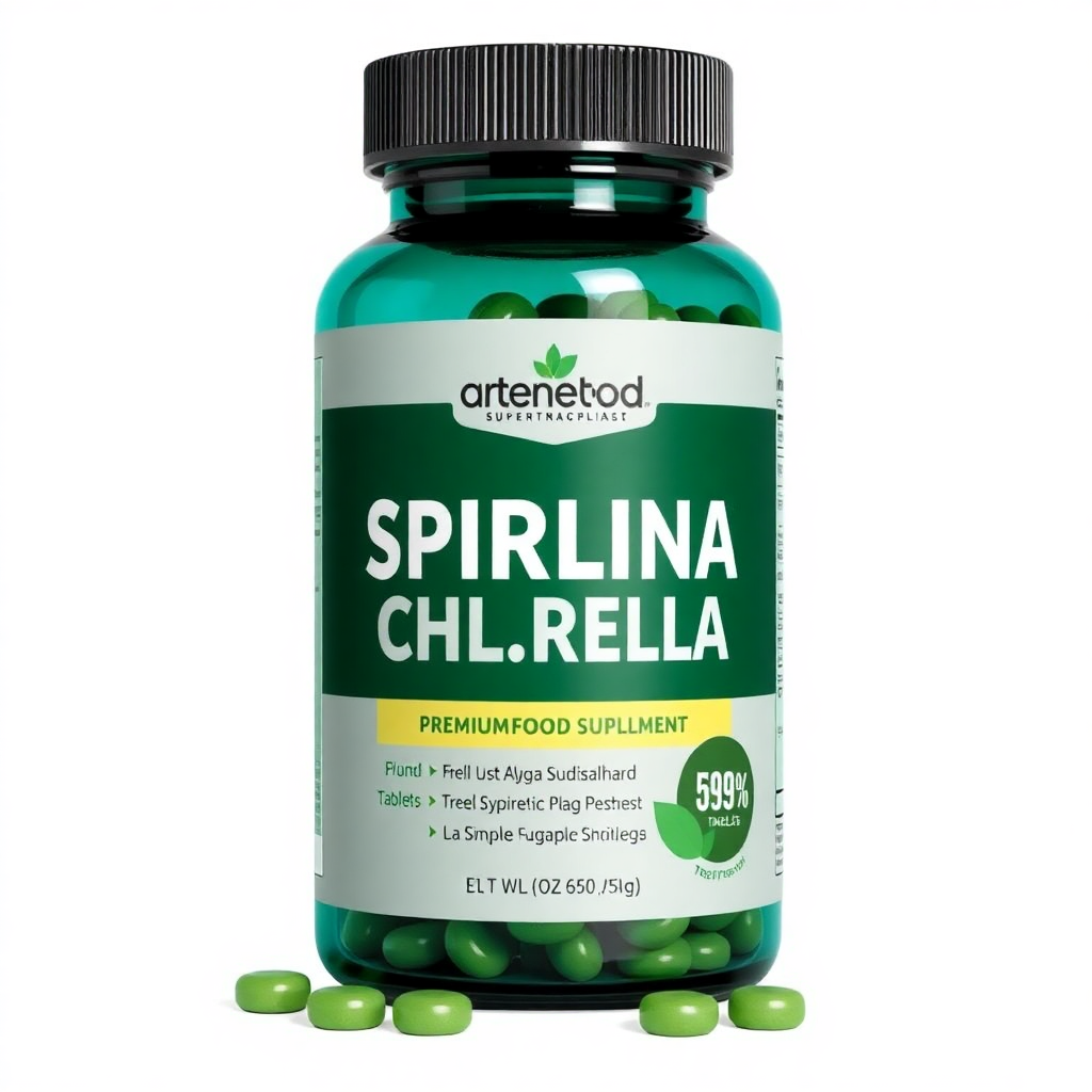 spirulina chlorella tablets, teal bottle, superfood supplement, green algae, premium packaging