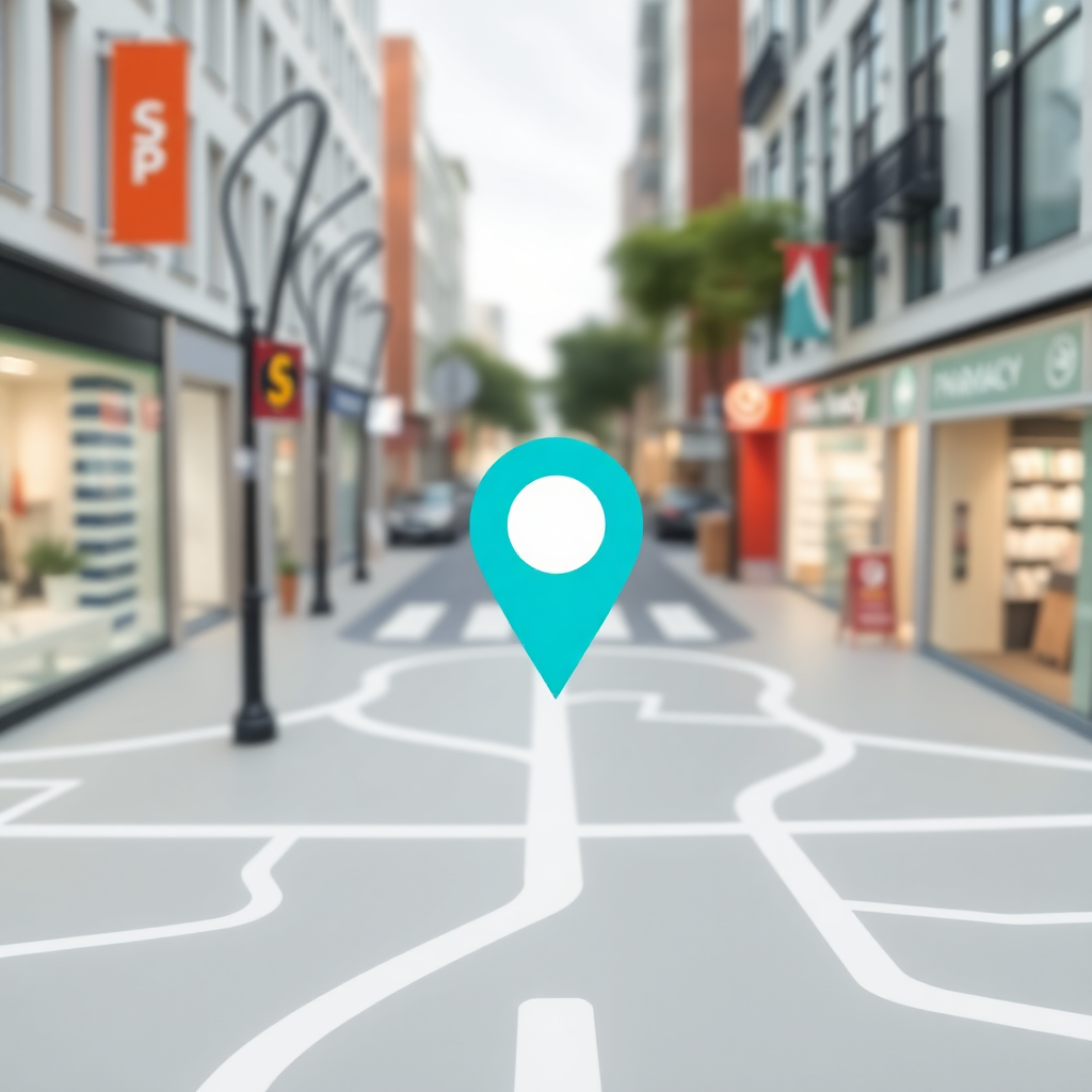 map view showing pharmacy location marker on city street, clean modern map interface with turquoise pin