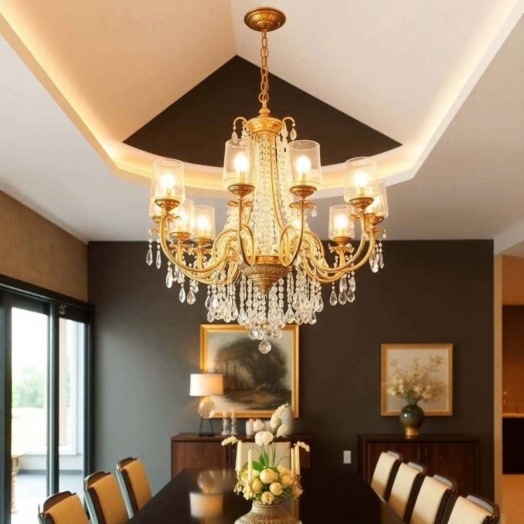 Elegant chandelier installation in dining room
