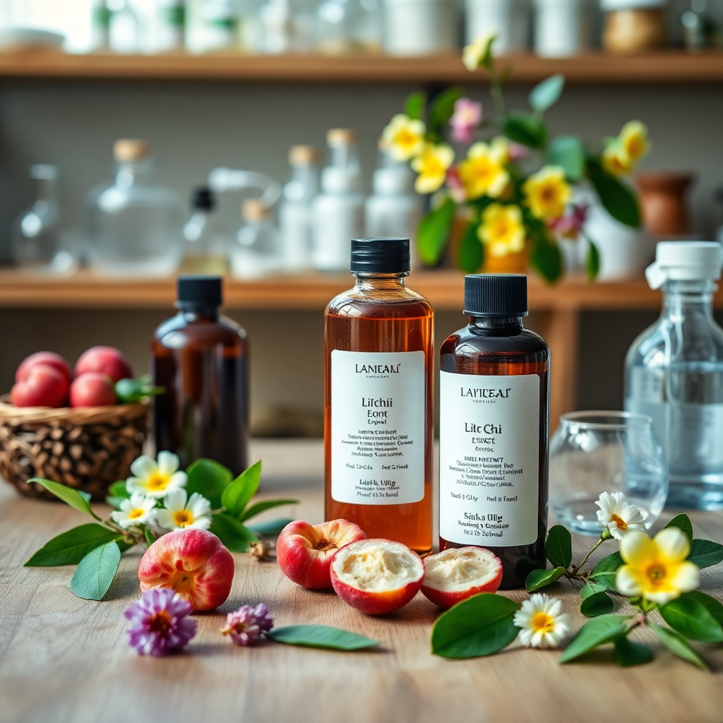 natural skincare ingredients with litchi extract, herbs, flowers and laboratory equipment on wooden table, soft natural lighting, professional product photography