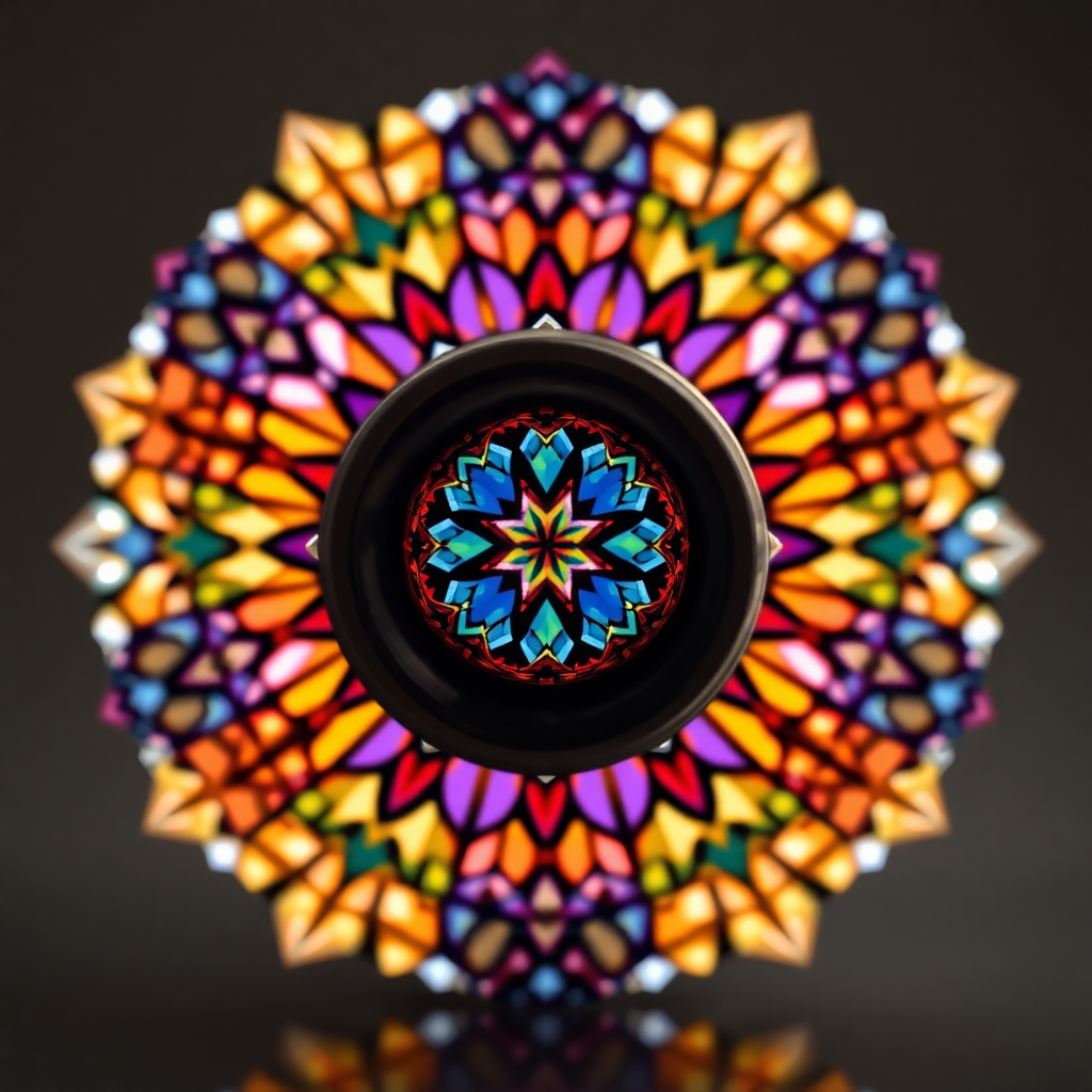 Elegant stained glass kaleidoscope with silver accents, luxury product shot