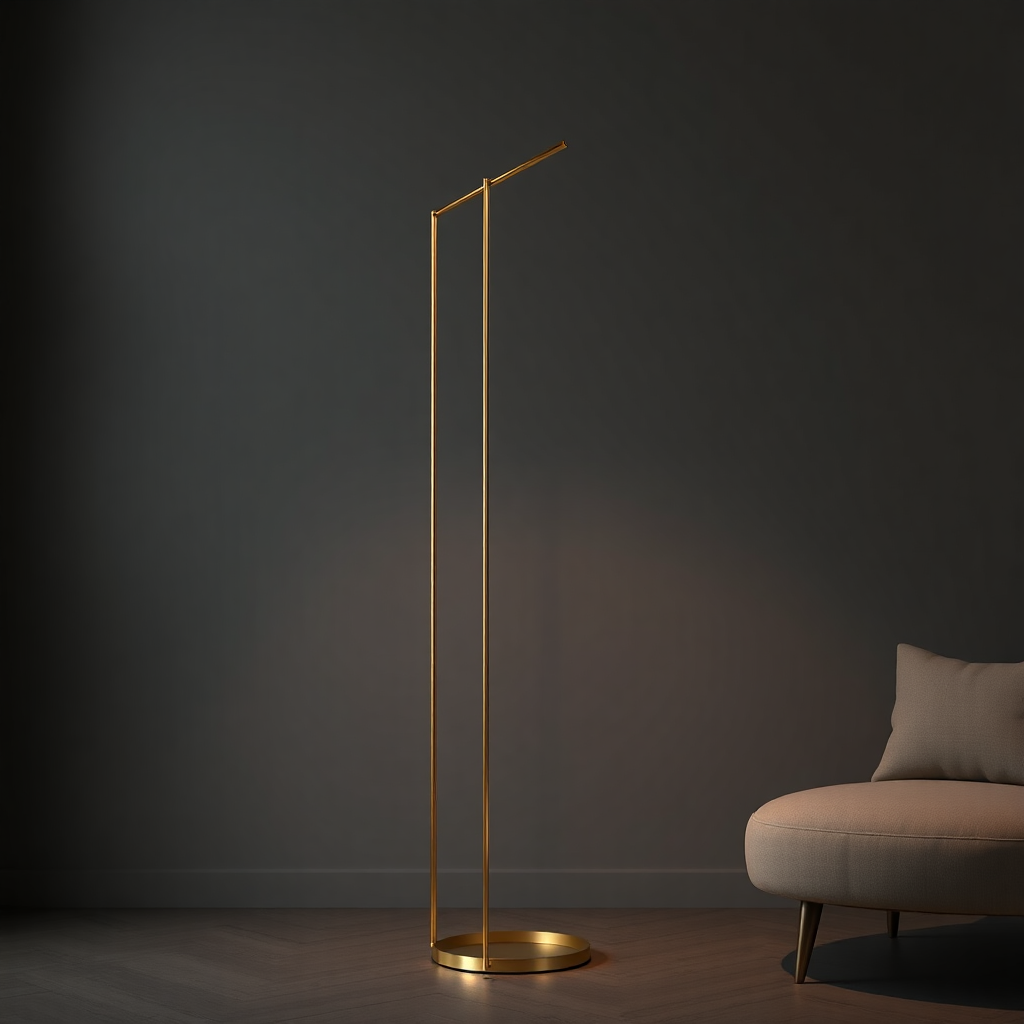 modern minimalist floor lamp brass gold finish luxury interior dark background
