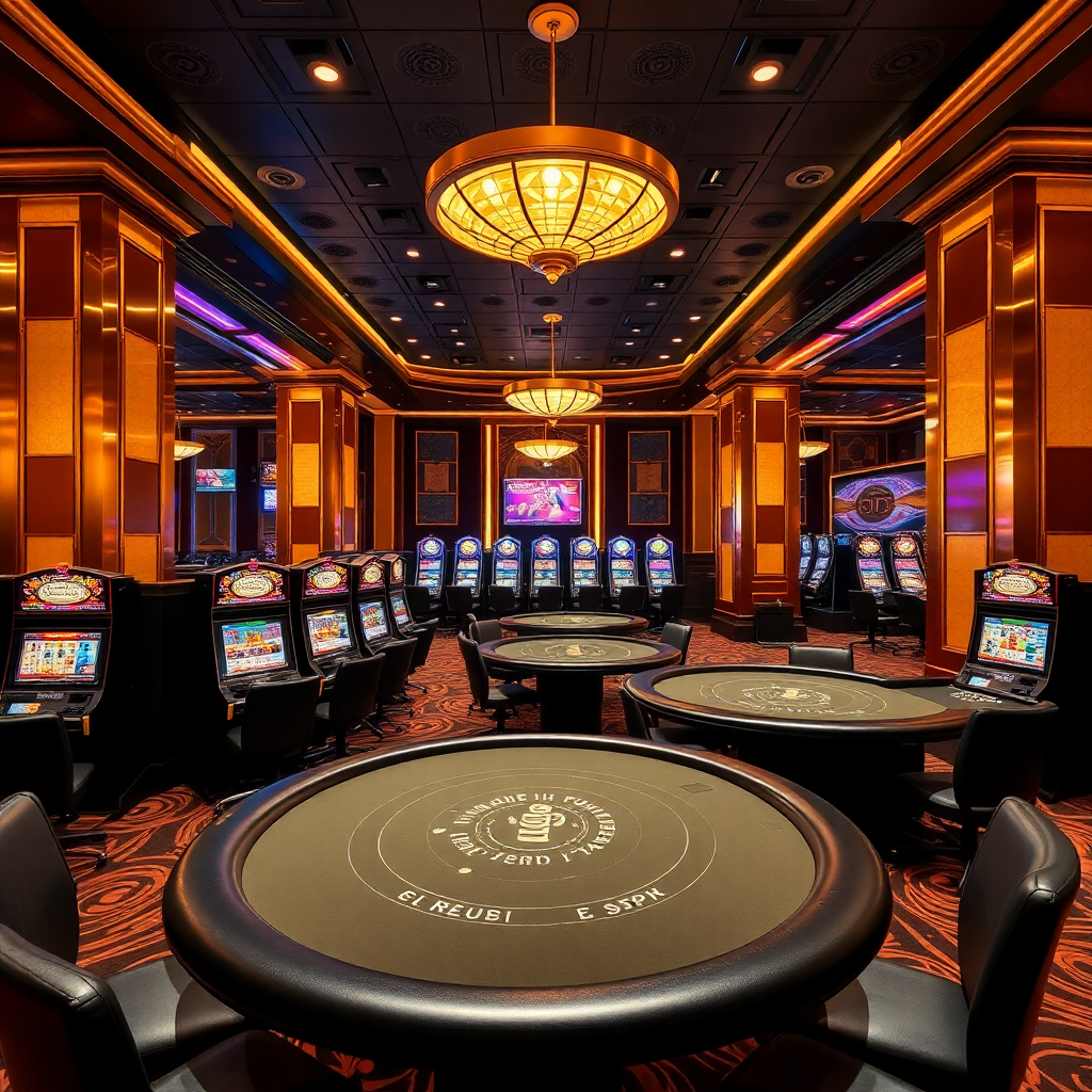 luxury casino interior with slot machines poker tables and golden lighting