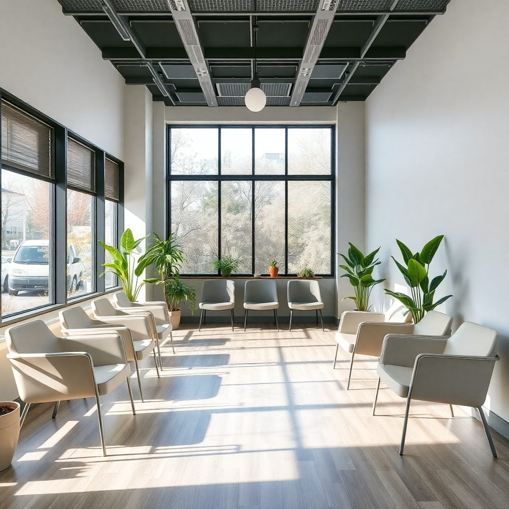 modern medical waiting room with comfortable chairs, green plants, natural light, peaceful atmosphere