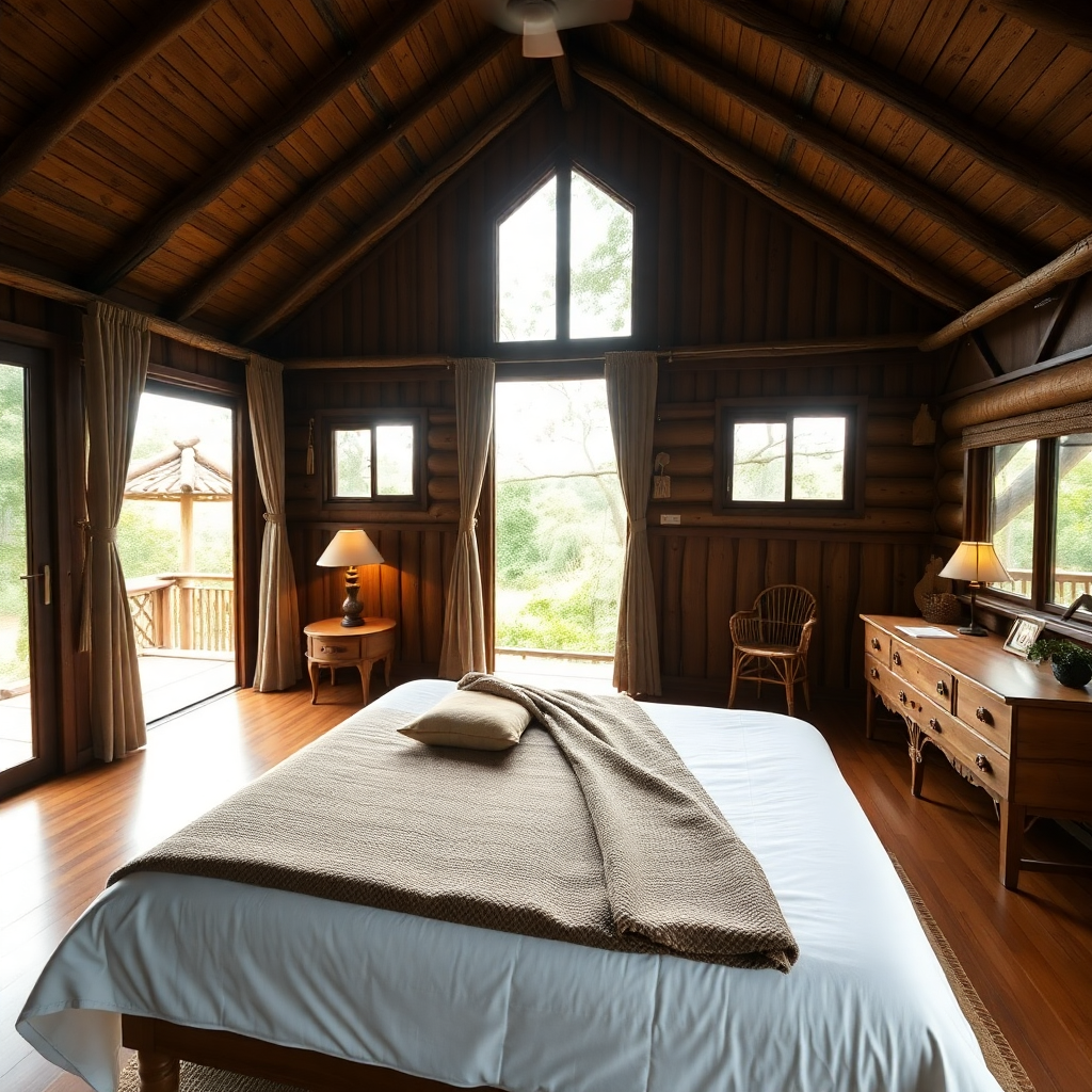 family eco lodge room madagascar, spacious, wood interior, large windows, natural light, rustic chic