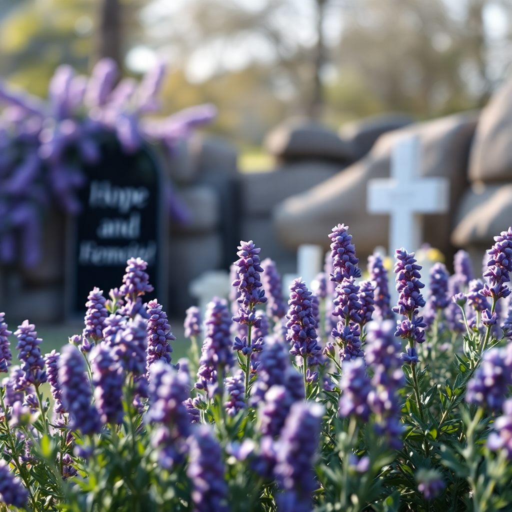 peaceful memorial setting with lavender flowers, soft natural lighting, hope and remembrance
