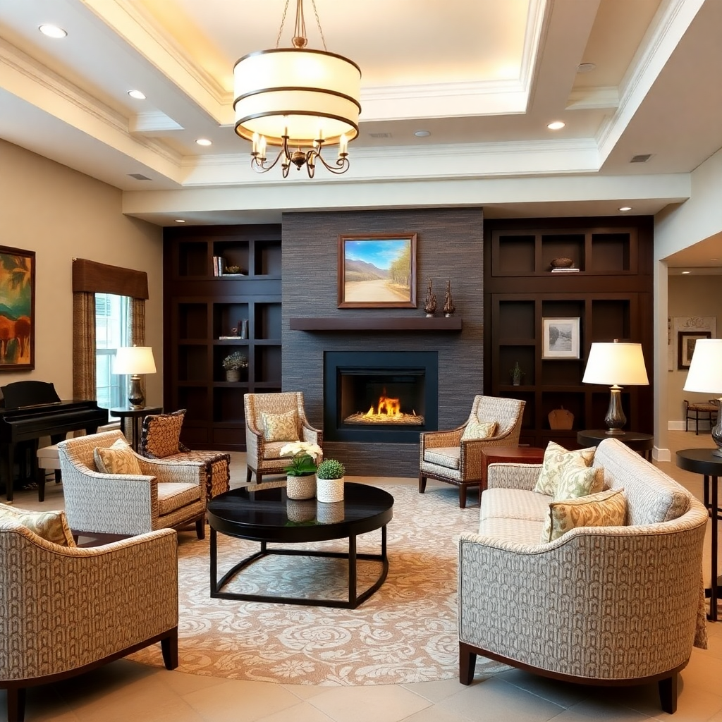luxury senior care common area with elegant furniture, fireplace, piano, and comfortable seating areas