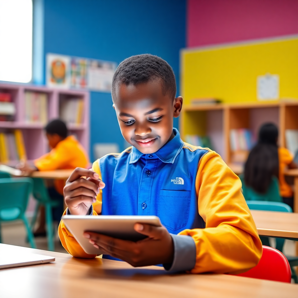 african student using tablet educational app interface AI learning platform modern classroom bright colors