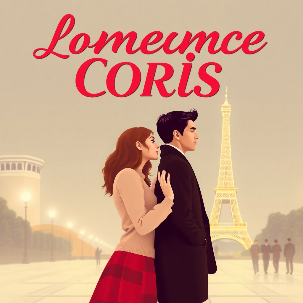 romantic comedy movie poster, couple in paris