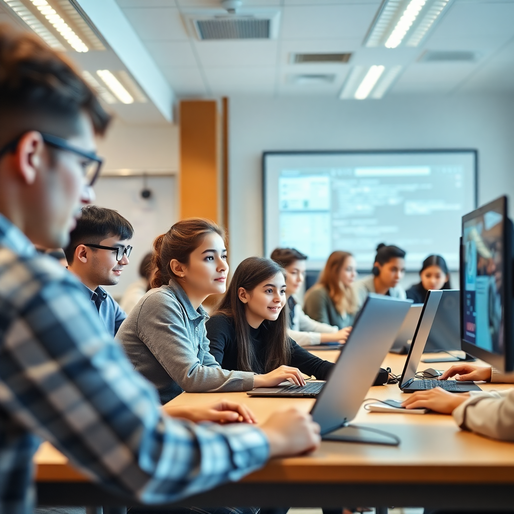 modern classroom with students and digital technology, educational setting