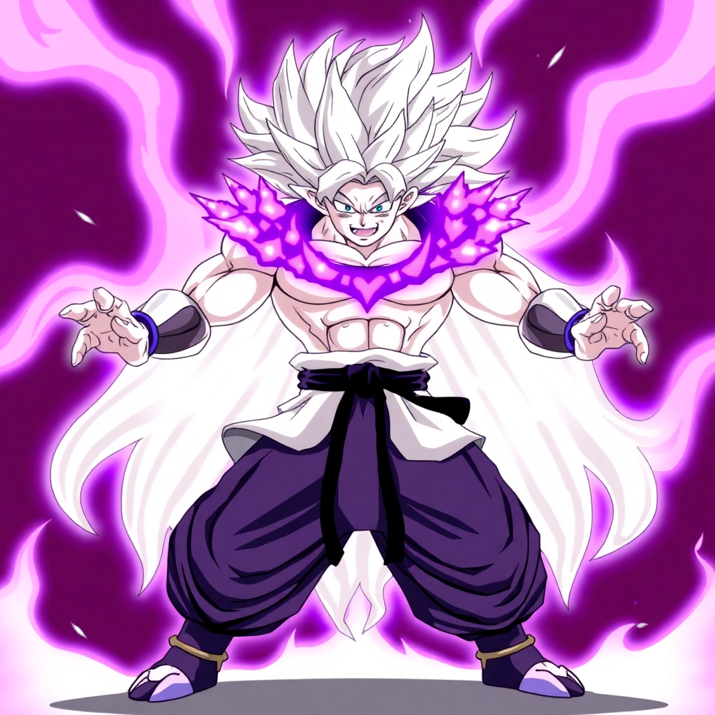 Gohan Beast form with white hair and purple aura, powerful stance, Dragon Ball anime style