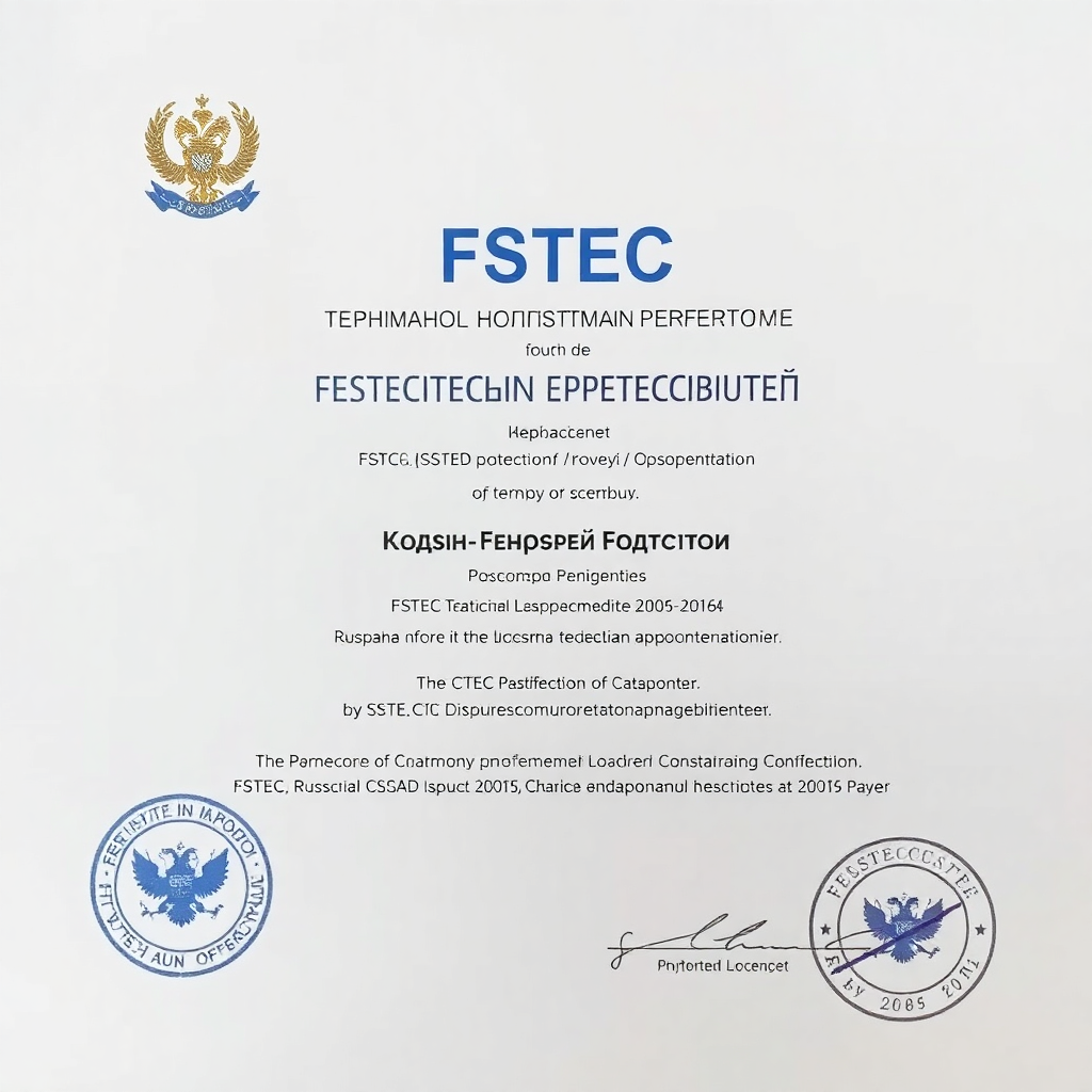 official FSTEC Russia license document for technical protection of confidential information, formal government certificate layout, blue official seal, cyrillic text, professional scan