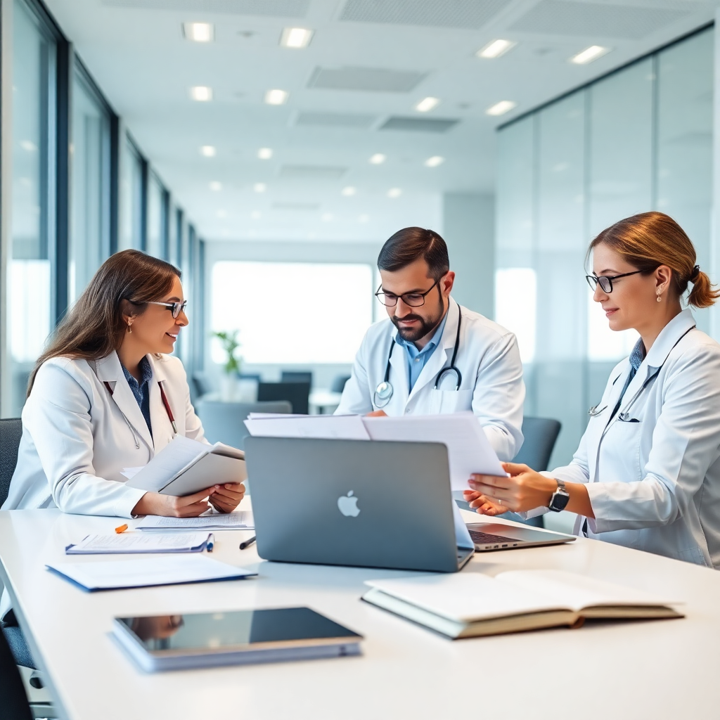 professional medical device regulatory affairs team reviewing audit documentation in modern bright office, quality assurance professionals preparing compliance files, clean workspace with laptops and documents