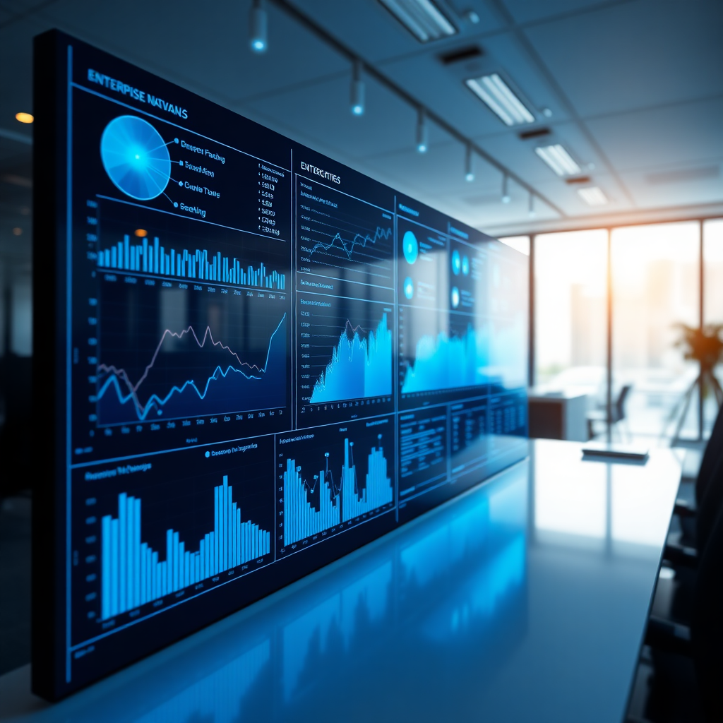 modern enterprise office dashboard with glowing blue data visualizations and abstract network nodes
