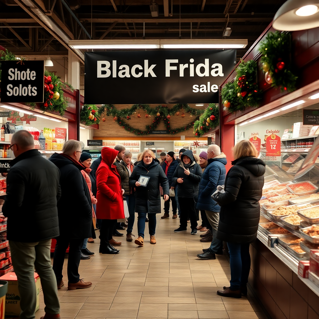 Black Friday sale at local meat shop, excited customers, festive busy store, community tradition photography