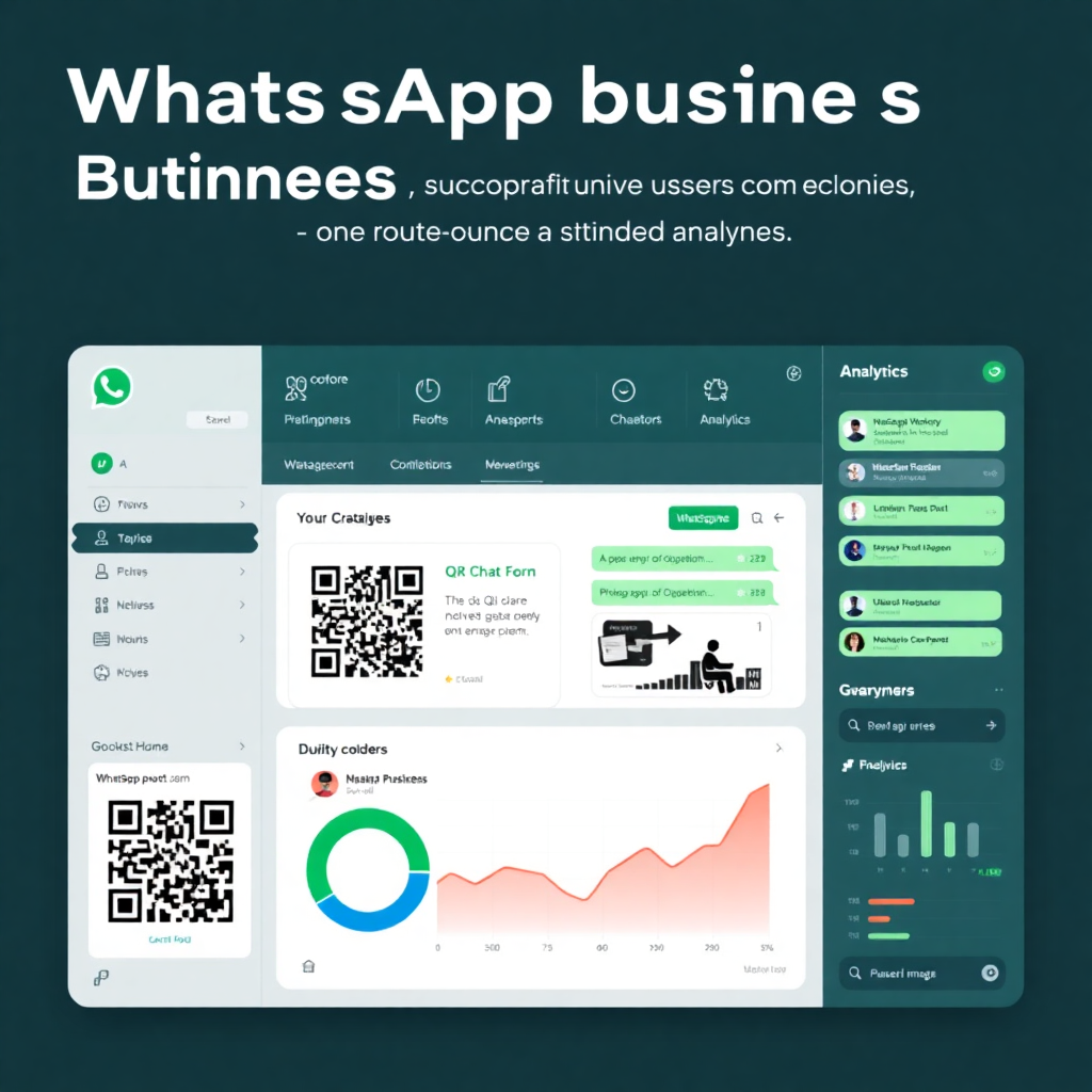 WhatsApp business features dashboard showing QR codes, chat interface, AI chatbot responses, and analytics in modern UI design