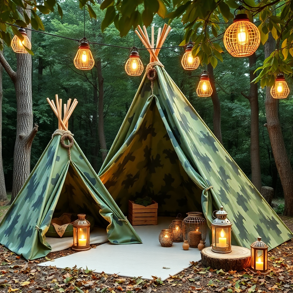 camouflage sage green teepee tents, vintage lanterns, forest sounds theme, adventure setup for kids, swaying leaves effect