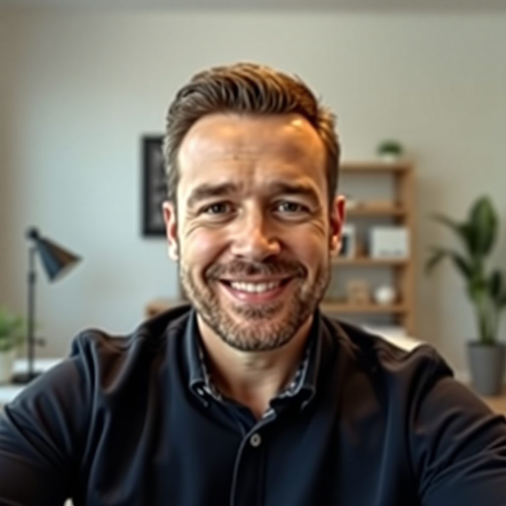 professional man on video call, home office background, confident expression, natural lighting
