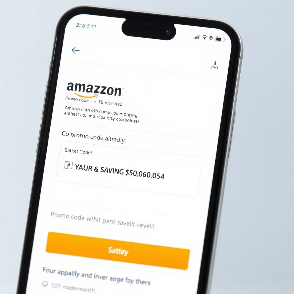 mobile screen showing Amazon checkout page with promo code already applied and savings highlighted, e-commerce app